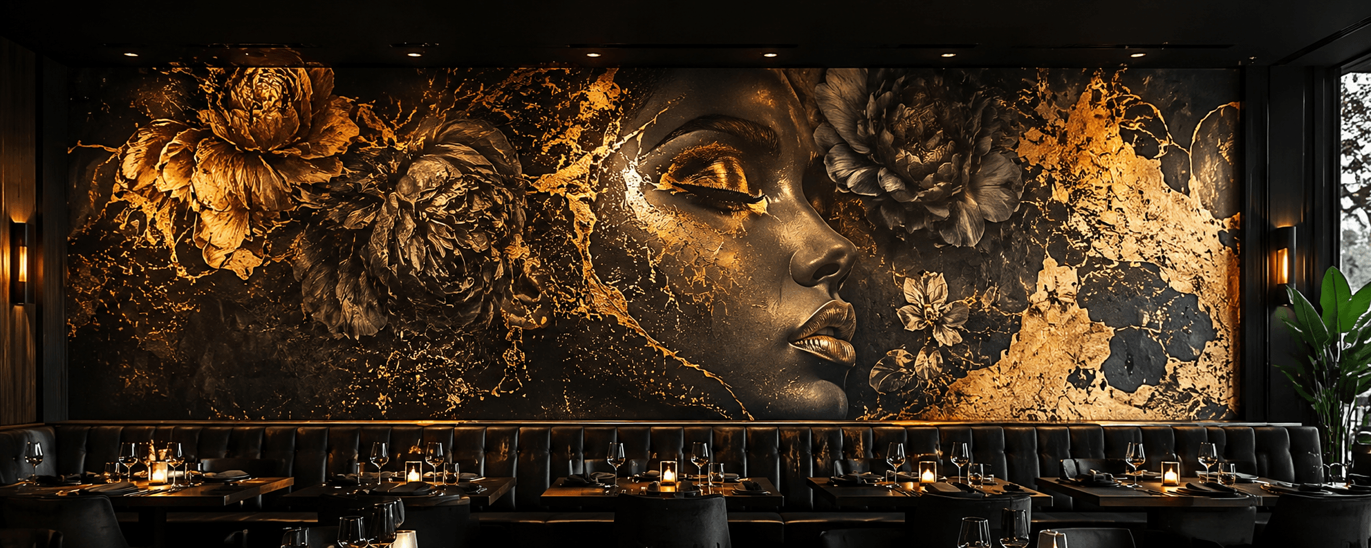 Contemporary restaurant interior with dramatic feature wall