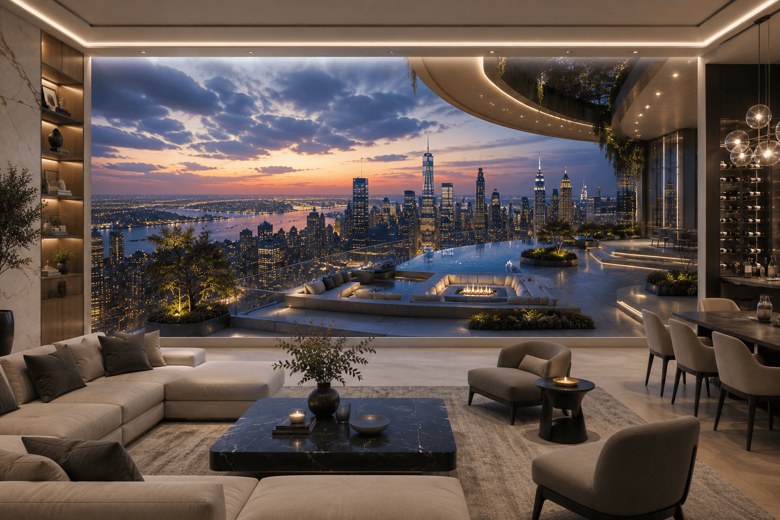 Luxury penthouse with cityscape feature wall