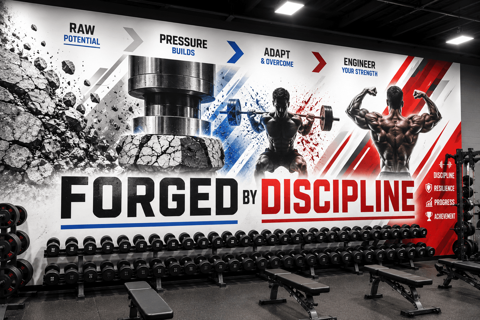 Motivational fitness mural with athletic imagery