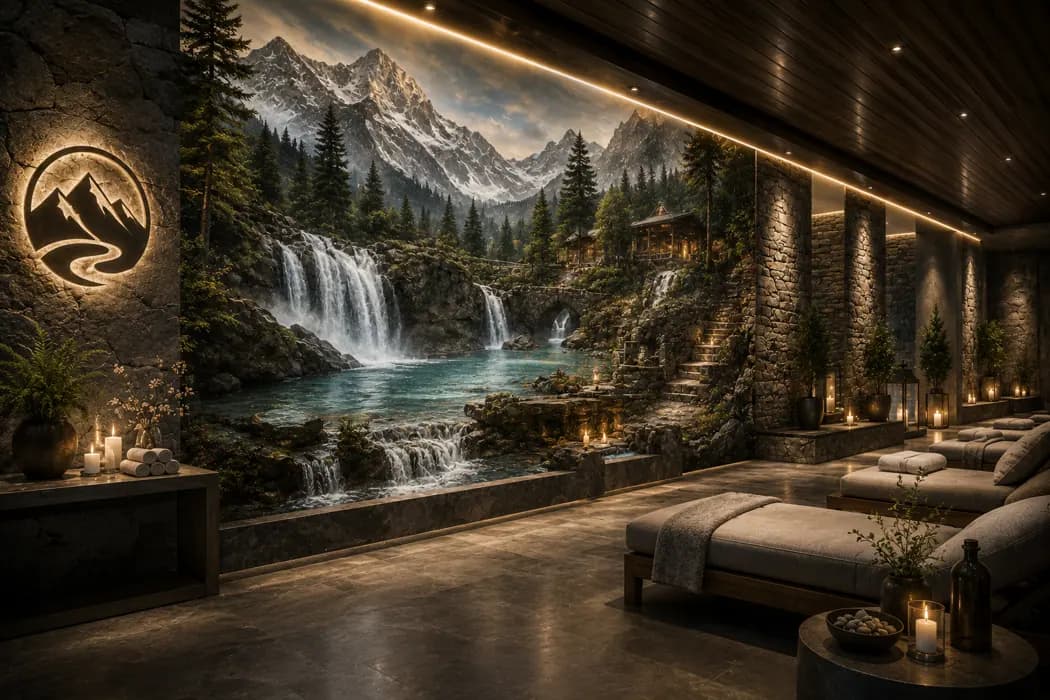 Alpine Wellness Sanctuary — digital wall mural design concept, not a completed installation