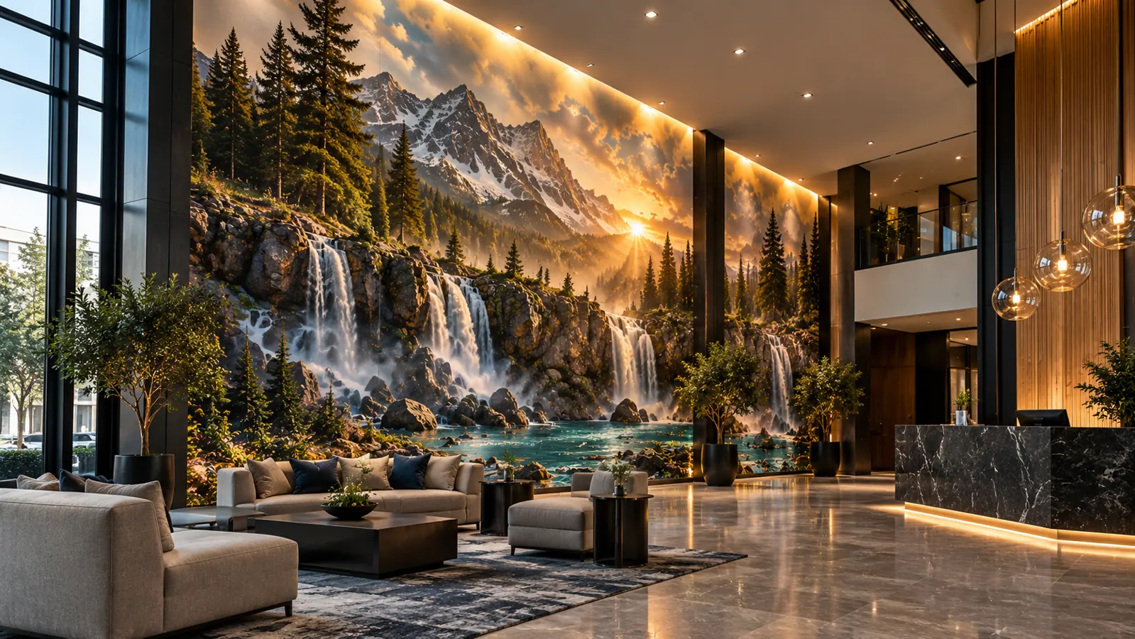 Digital concept of a luxury hotel lobby with a dramatic waterfall wall mural